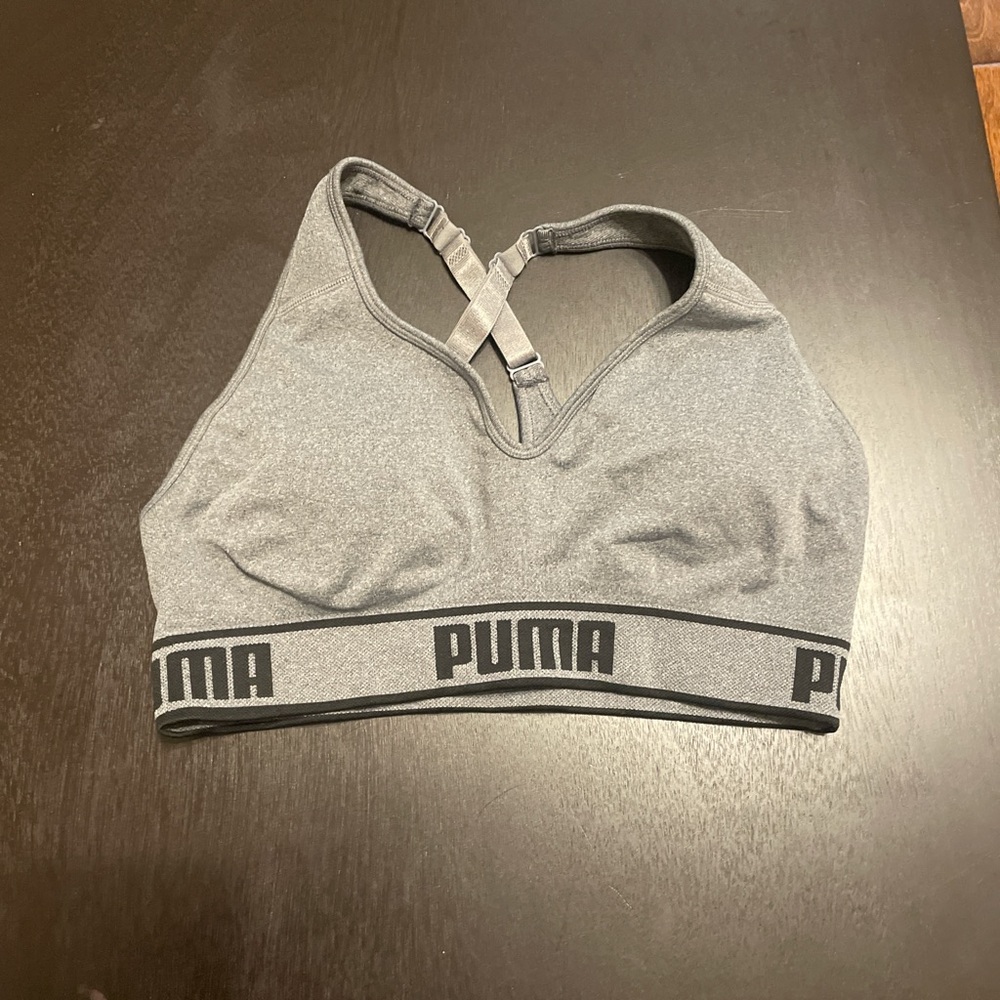 grey and black puma sports bra
